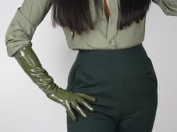 LATEX LONG GLOVES Shine Leather Faux Patent PU 28" 70cm Opera Olive Army Green LLDLLNT