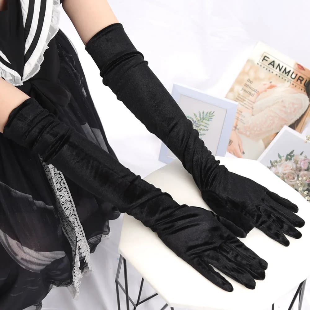 55cm Women Vintage Black Velvet Long Gloves Opera Over Elbow Arm Sleeve Full Finger Driving Evening Dress Etiquette Gloves