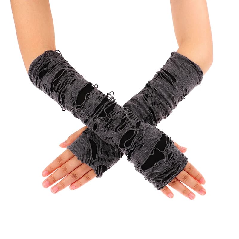 2PCS Black Ripped Holes Decor Cosplay Gloves For Adults Sexy Gothic Fingerless Gloves Casaul Broken Slit Gloves Halloween Gloves