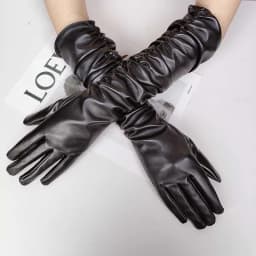Winter Women PU Leather Pleated Pile Sleeve Touch Screen Gloves Sexy Silk Lining 50cm Long Full Finger Warm Driving Mitten K52