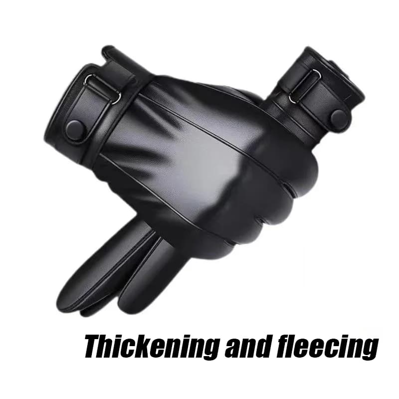 Autumn and Winter Black Gloves Men's One Pair PU Leather With Velvet Lining Gloves Waterproof for Motorcycle Riding