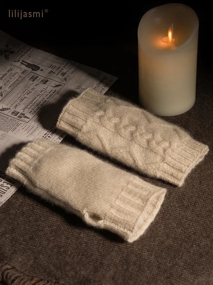 100% Real Cashmere Autumn Winter Thick Cable Gloves Mitten Fingerless Warm Wrist Length Thumb Hole Mitts Classic Female Elegant