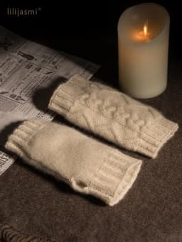 100% Real Cashmere Autumn Winter Thick Cable Gloves Mitten Fingerless Warm Wrist Length Thumb Hole Mitts Classic Female Elegant