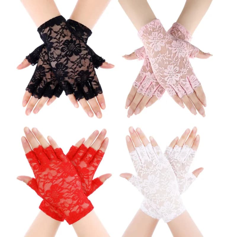 Women Sexy Lace Flowers Breathable Half Finger Gloves Thin Mesh Transparent Stage Performance Retro Style Fashionable Personalit