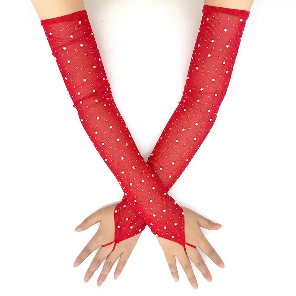 50cm Women Rhinestone Mesh Hook Finger Long Gloves Sexy Party Transparent Breathable Fingerless Gloves Elasticity Arm Sleeves