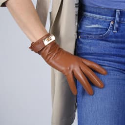 TECH GLOVES Real Leather Short Brown Lambskin Sheepskin Golden Button Closure LLDLLNT