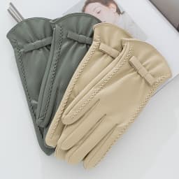 Fashion Women's Full Finger Plus Velvet Bow Leather Gloves Winter Outdoor Cycling Thick Warm Touch Screen Driving Mittens S185