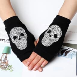 Women's Winter Warm Touch Screen Mitts Black Knit Half Finger Driving Gloves Punk Skull Rhinestone Short Hip-hop Gloves H82