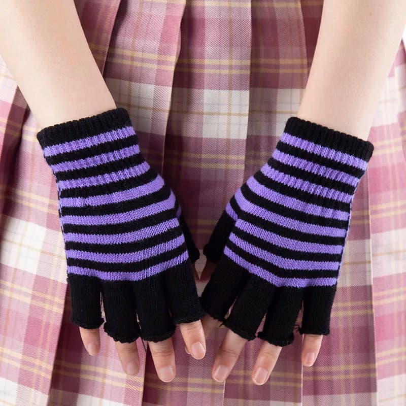1Pair Unisex Black Stripes Half Finger Fingerless Gloves for Women Wool Knit Wrist Cotton Gloves Winter Warm Men Workout Gloves