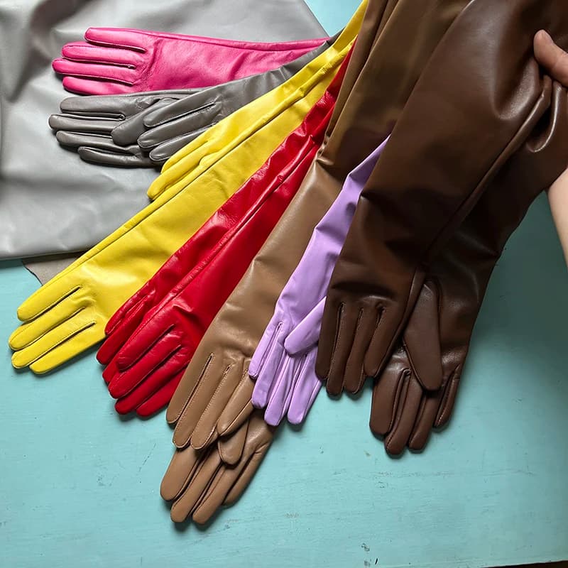 Women's Genuine Leather Gloves Black Long Sheepskin Glove Over Elbow 4050cm Ladies Mittens Winter Velvet Warm Fashion Arm Sleeve