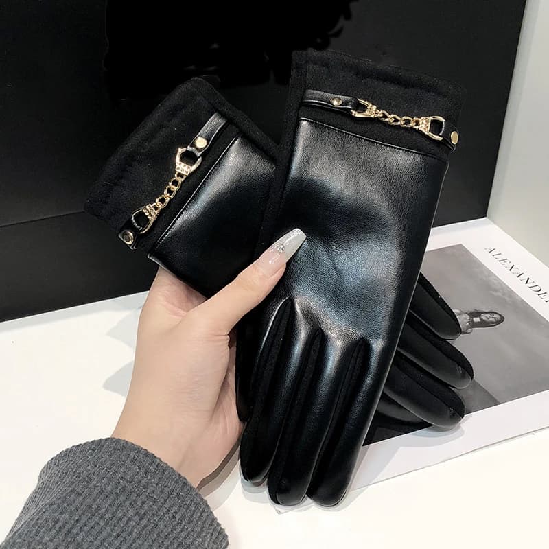 Luxurious High Quality Protein Leather Fleece Lined Women's Gloves Winter Cycling Windproof Keep Warm Elegant Touchscreen Gloves