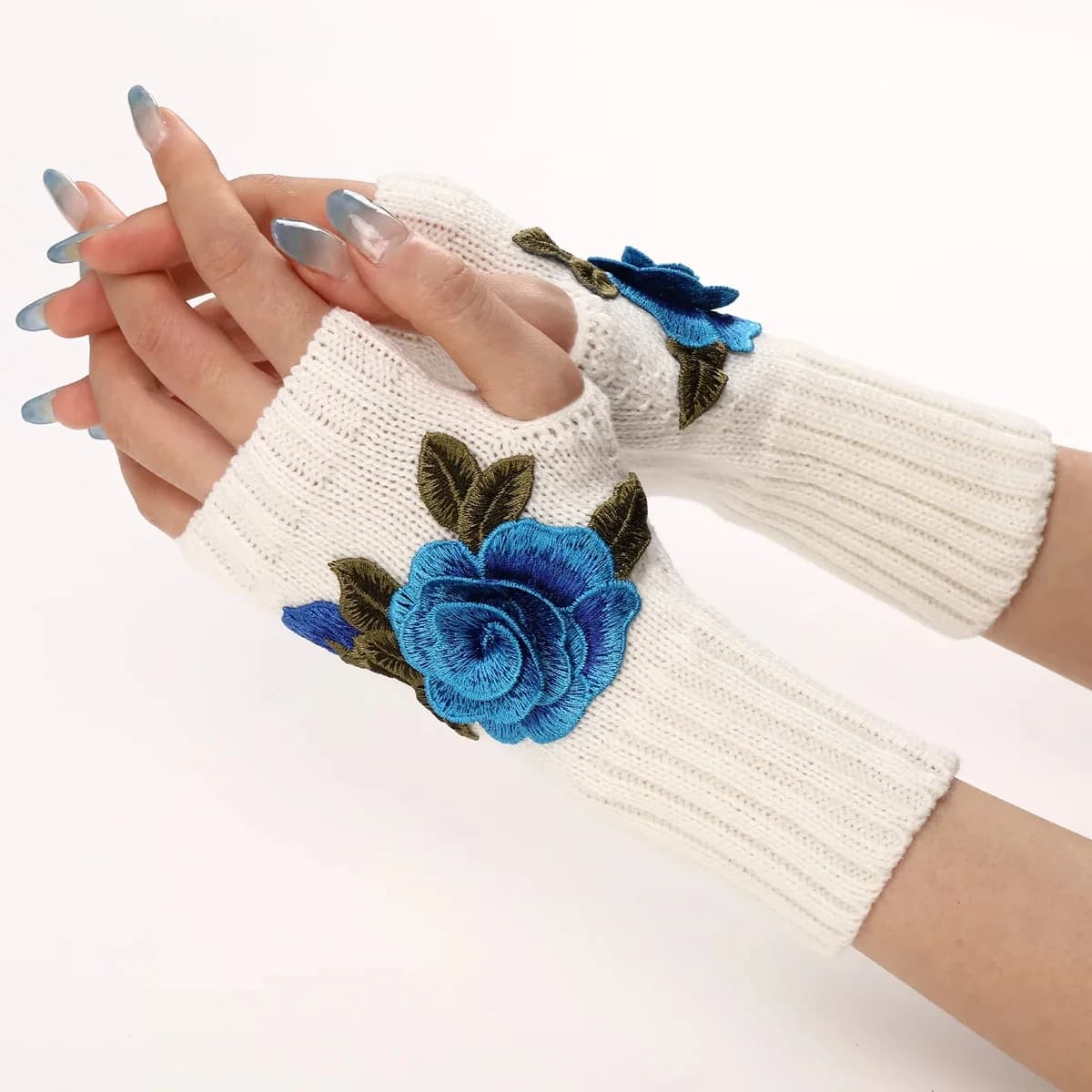 Autumn Winter Women's Short Fashion Embroidered Flower Half Finger Gloves Knitted Wool Sleeves Warm Mittens Fingerless Gloves