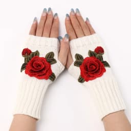 Autumn Winter Women's Short Fashion Embroidered Flower Half Finger Gloves Knitted Wool Sleeves Warm Mittens Fingerless Gloves