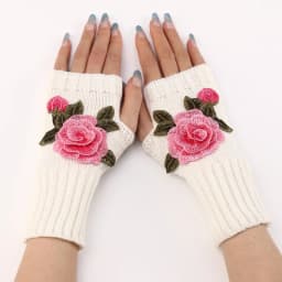 Autumn Winter Women's Short Fashion Embroidered Flower Half Finger Gloves Knitted Wool Sleeves Warm Mittens Fingerless Gloves