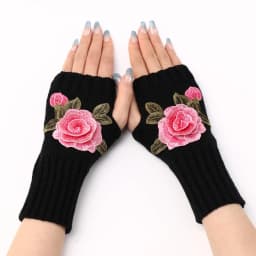 Autumn Winter Women's Short Fashion Embroidered Flower Half Finger Gloves Knitted Wool Sleeves Warm Mittens Fingerless Gloves