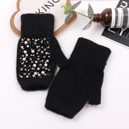 Winter Rabbit Fur Thicken Warm Knit Gloves Fashion Women Elasticity Diamonds Pearl Half Finger Touch Screen Gloves H22