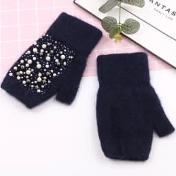Winter Rabbit Fur Thicken Warm Knit Gloves Fashion Women Elasticity Diamonds Pearl Half Finger Touch Screen Gloves H22