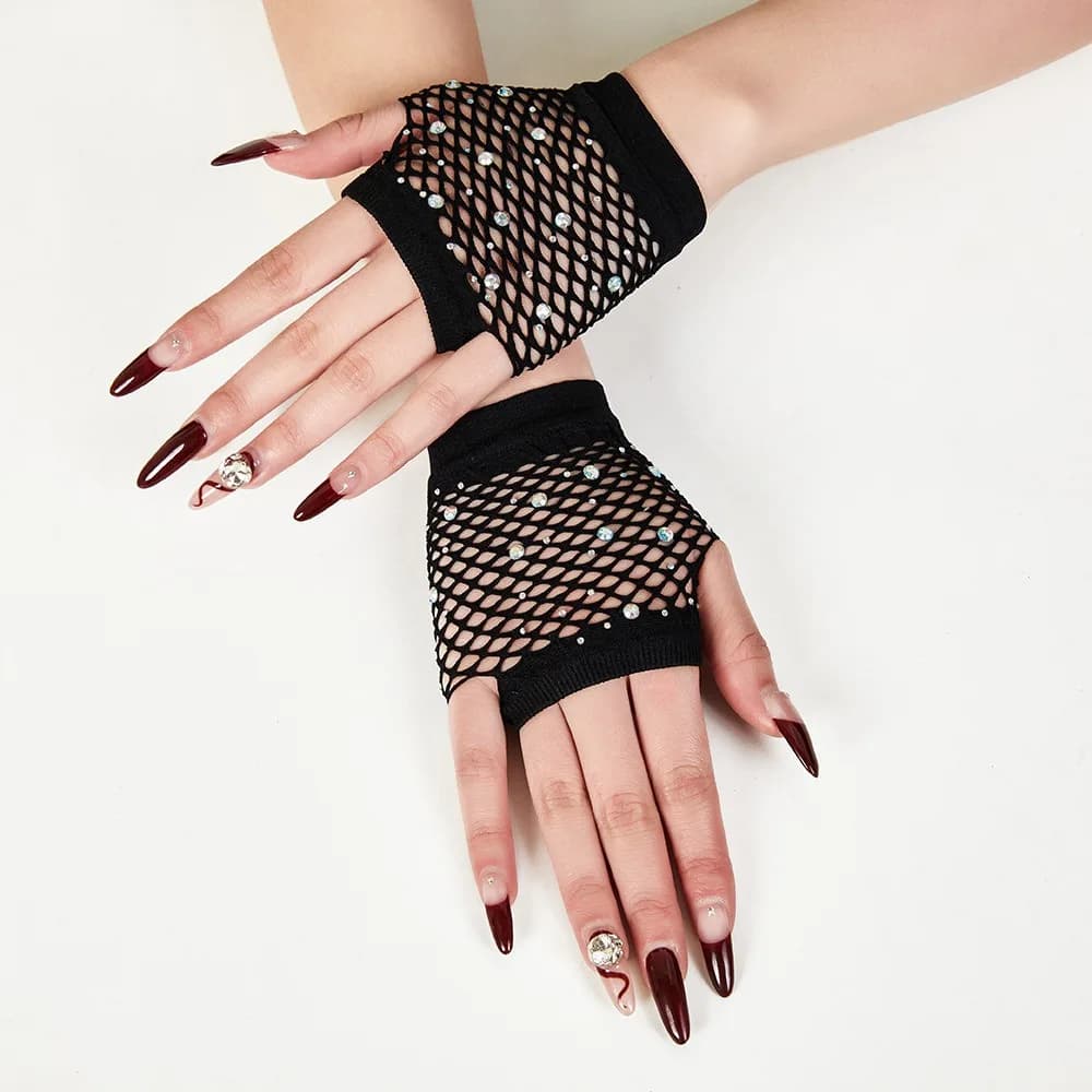 Party Short Diamond Inlaid Gloves European and American Cross-border Half Finger Summer Fishing Net Hollow Gloves