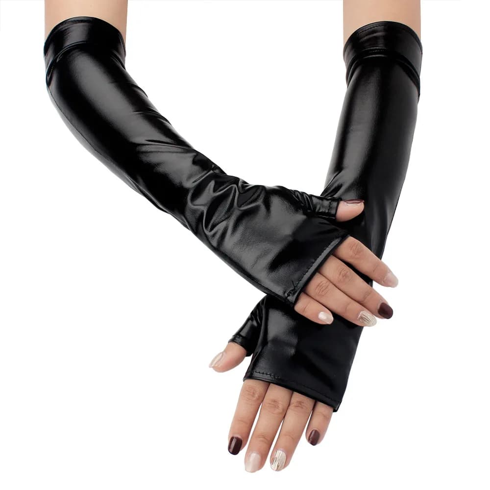 Women Patent leather Long Fingerless Half finger Gloves Punk Halloween Party Festival Arm Sleeves Cosplay Dance Accessories