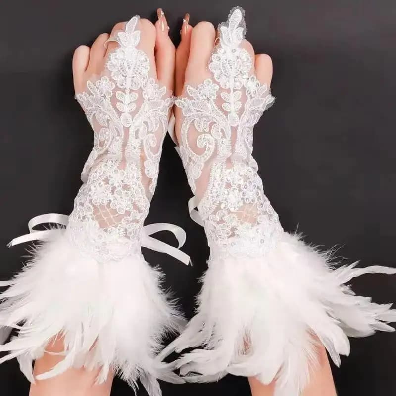 1PC Sexy Lace Feather Gloves Gothic Mesh Sleeve Halloween Party Wedding Stage Dance Performance Sleeve Wrist Cuffs Gloves