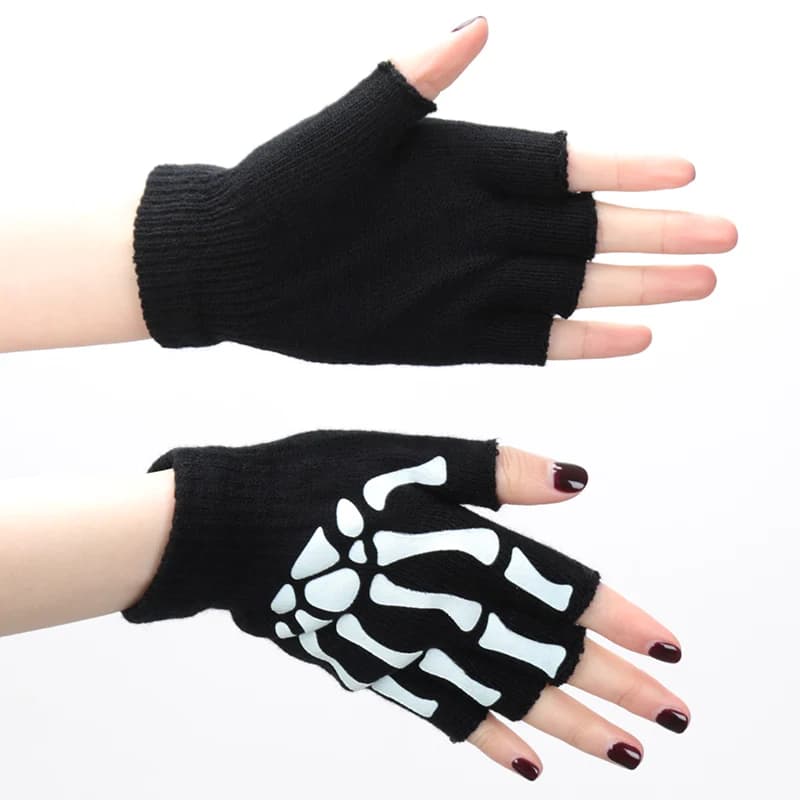 Skull Punk Gloves Black Neutral Half Finger Ghost Claw Knitted Gloves Exposed Finger Spot Nightlight Fingerless Elastic Gloves