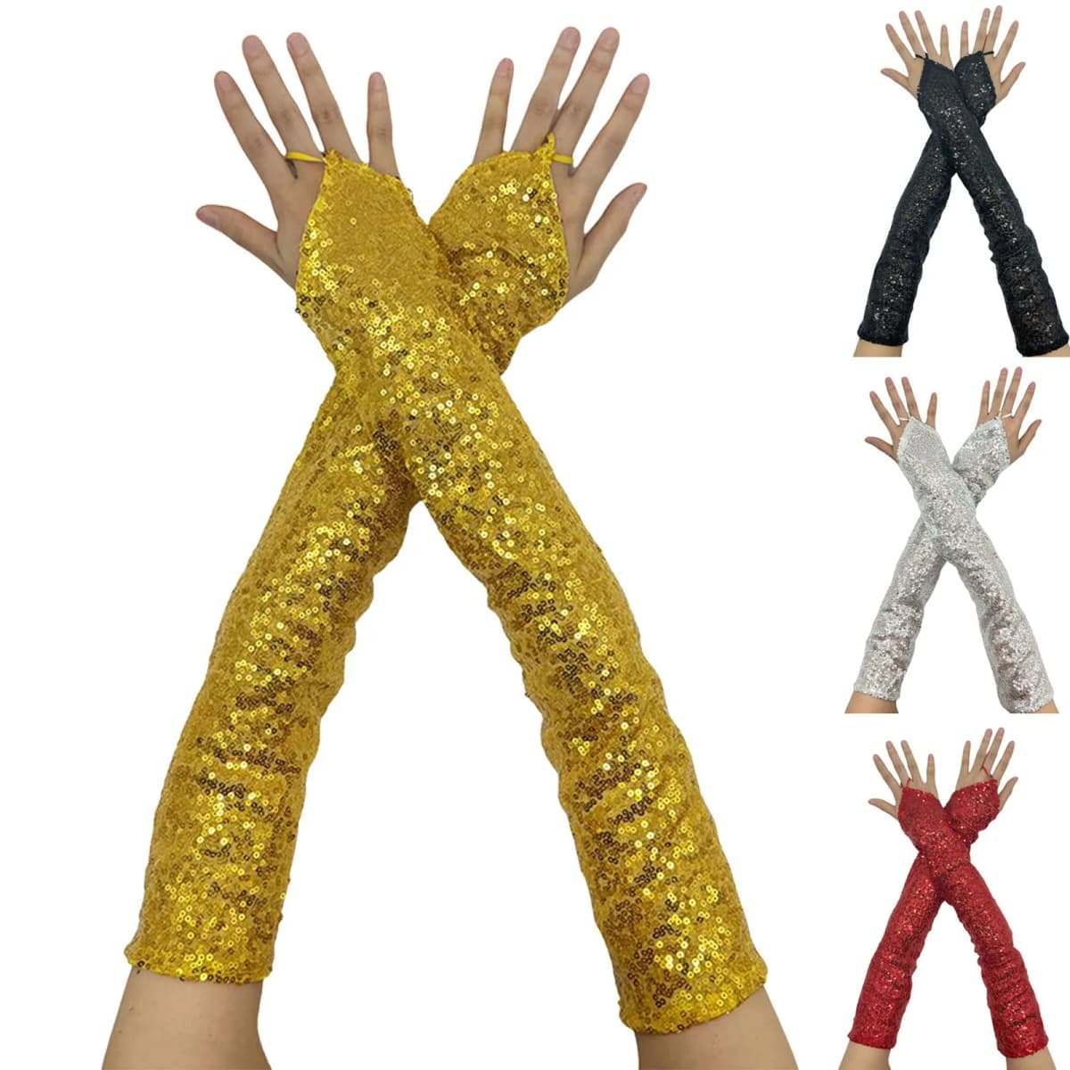 Womens Long Golden Sequins Gloves New Fingerless 50cm Nightclub Festical Rave Glove Sexy Mittens Cosplay Dance Stage Accessories