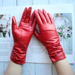 Sheepskin Leather Gloves Women's Fashion Elastic Style Velvet Lining to Keep Warm in Autumn and Winter Retro Color Points