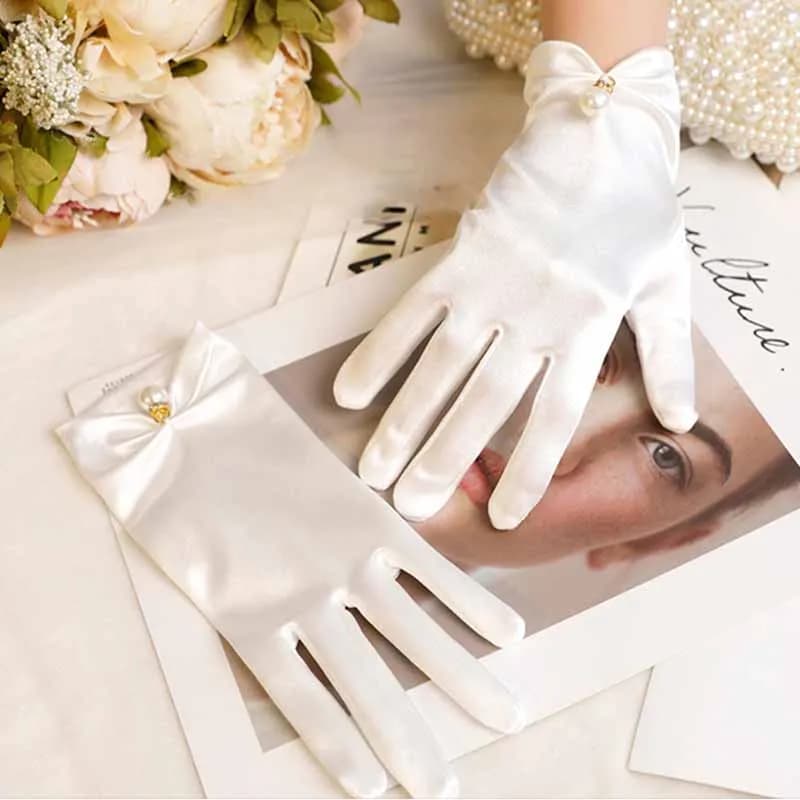 Women's Satin Elegant Pearl Driving White Black Bridal Wedding Banquet Accessories Short Etiquette Dress Gloves