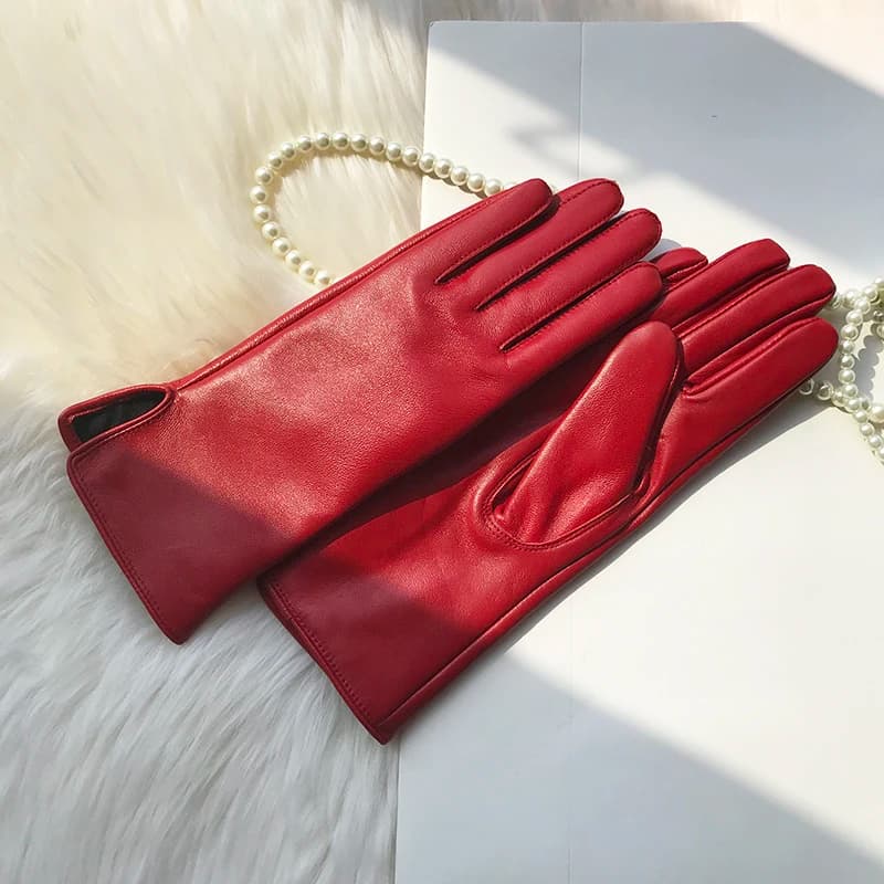 Women's Genuine Leather Gloves Red Medium Length Sheepskin Glove Thin Lining Autumn Winter Velvet Lining Hand Armguard Windproof