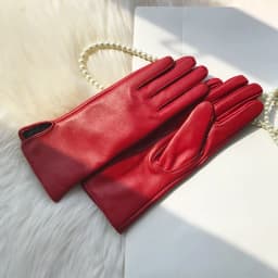 Women's Genuine Leather Gloves Red Medium Length Sheepskin Glove Thin Lining Autumn Winter Velvet Lining Hand Armguard Windproof