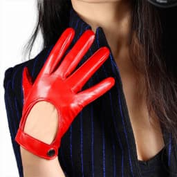 Women's Car Driving GLOVES Red Leather Genuine Sheepskin TECH Short Wrist Motorcycle Glove Belt with Button Closure Costume