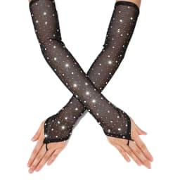Women Rhinestone Mesh Hook Finger Long Gloves Sexy Party Transparent Breathable Fingerless Gloves Elasticity Arm Sleeves