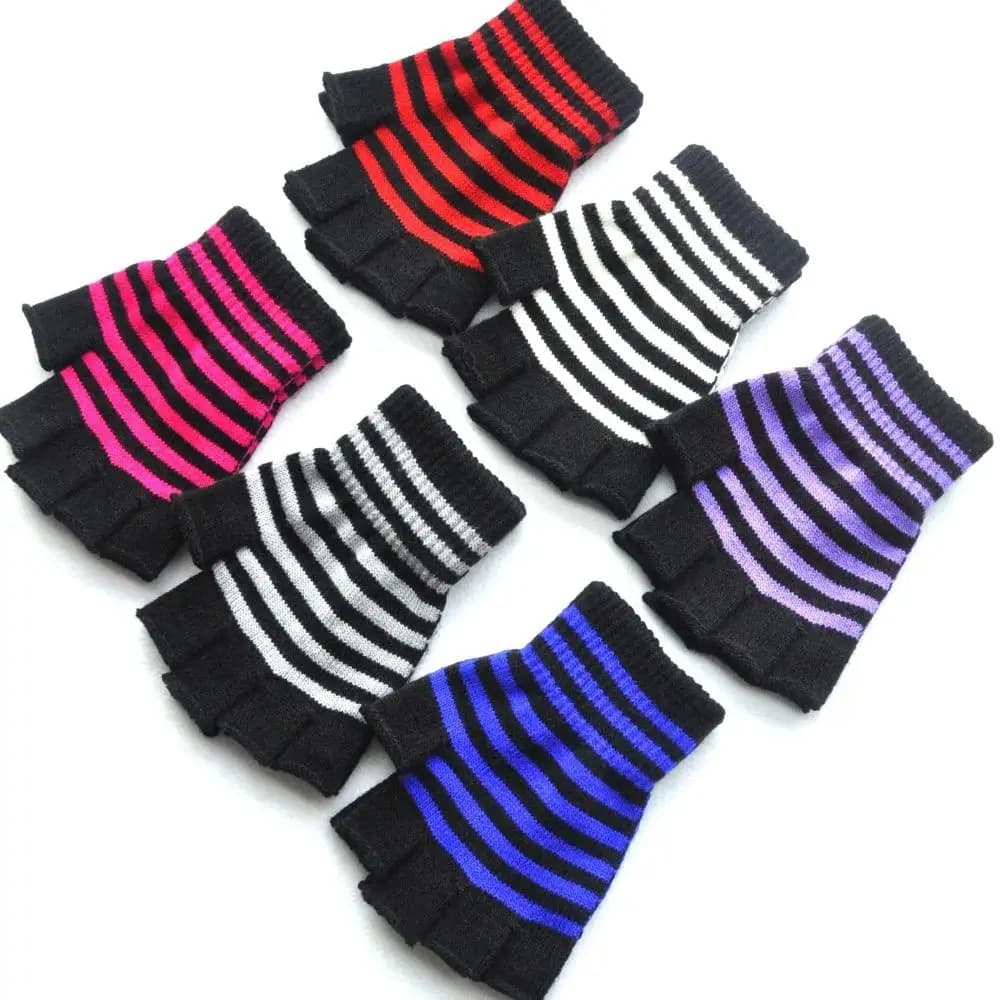Student Warm Knit Mittens Winter Fingerless Elastic Knitted Gloves Striped Knit Mittens Thicken