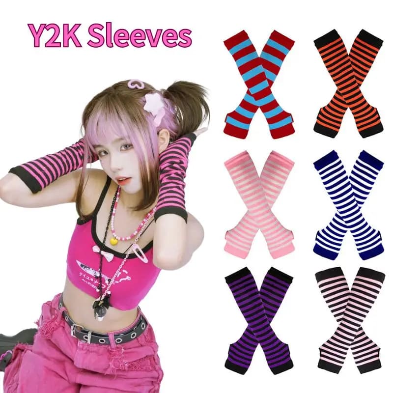Y2K Fashion Women Girls Striped Elbow Gloves Warmer Knitted Long Fingerless Gloves Christmas Emo Gloves Mittens Arm Warmer