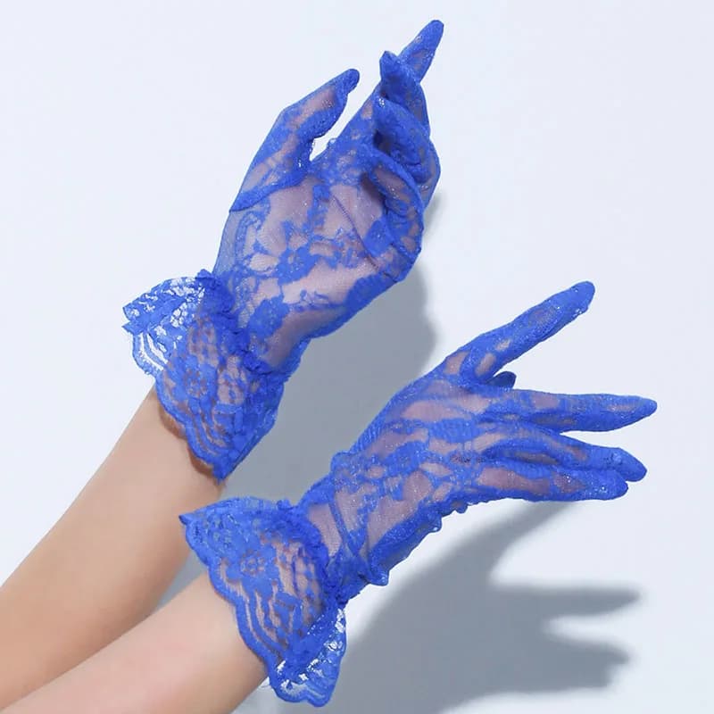 Retro Elegant Lace Thin Transparent Blue Short Gloves Women Sexy Music Festival Party Nightclub Personality Performance