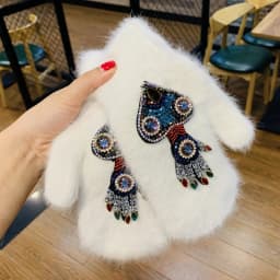 Women Gloves Winter Crystal Octopus Rabbit Fur female double Warm Full Finger Mittens Christmas Gifts