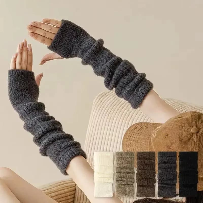Winter Warm Long Sleeves Gloves for Women Fingerless Solid Color Hip-Hop Knitted Elbow Mittens Elastic Outdoor Warmer Arm