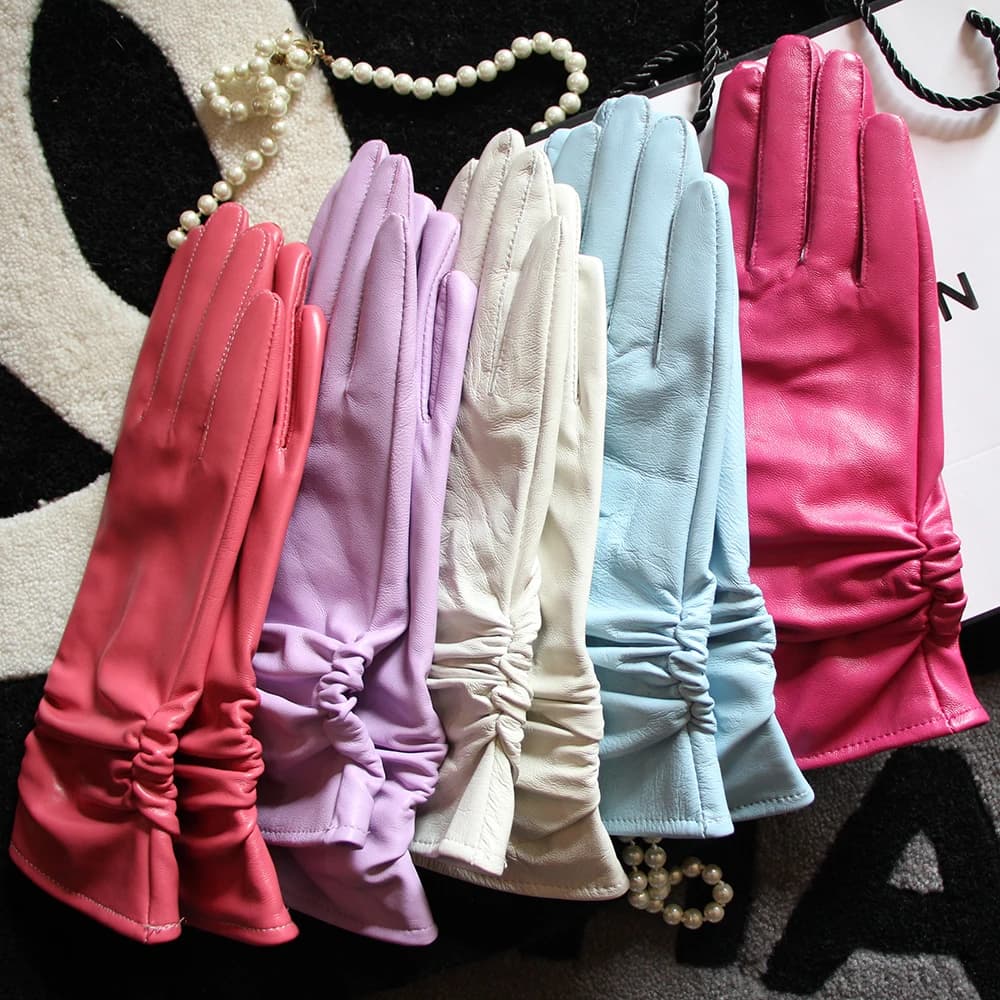 25cm Classic Pleated Genuine Leather Gloves Women Color Real Leather Gloves Sheepskin Leather Femal Winter Gloves