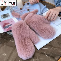 Women's Winter Real Rex Rabbit Fur Gloves Warm Thick Ladies Fur Mittens Elastic Girls Ski Glove Mitts Elastic Soft With String