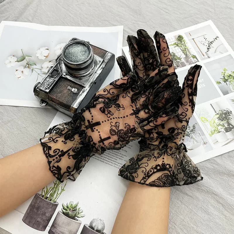 Sexy Black Lace Thin Transparent Elasticity Mesh Short Gloves Women Sunscreen Gothic Punk Lolita Cosplay Cross Flowers Mittens