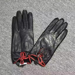 Women Genuine Sheepskin Finger Gloves, Warm Cold-Resistant Black Bow Decor, Simple Cycling Riding Gloves Big Size R3232