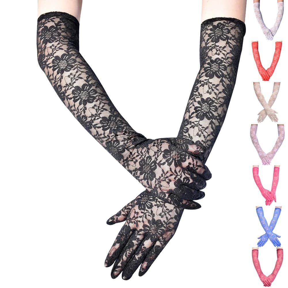 New Elastic Floral Lace Full Finger Holiday Party Gloves For Men Women Solid Sunscreen Long Mittens Outdoor Dress Up Gloves