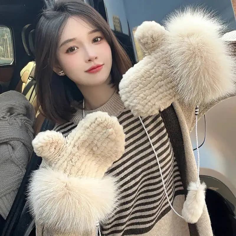 Real Rex Rabbit Fur Gloves For Women Winter Plush Thickened Warm Real Fur Gloves Handmade Knitted Fur Gloves Keep Warm Mittens