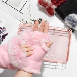 1Pair Fashion Winter Warm Gloves Women Girls Faux Rabbit Fur Warmer Fingerless Mittens Soft Suede Leather Stretch Gloves