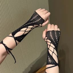 Lace cross tie sleeve gloves for women's fingerless fishing net gloves, summer sun protection party wedding gloves