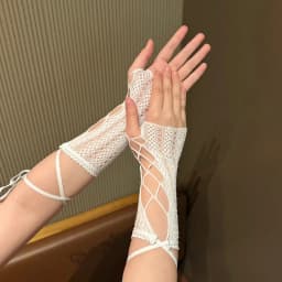 Lace cross tie sleeve gloves for women's fingerless fishing net gloves, summer sun protection party wedding gloves