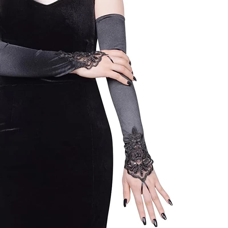 Vintage Embroidery Fingerless Lace Sequins Gloves Bride Mittens Party Accessories Opera Black Women Satin Sexy Long Gloves