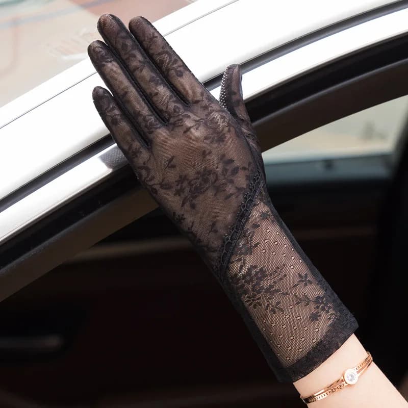 Summer Women Sunscreen Touch Screen Mid-length Ice Silk Gloves Sexy Lace Hollow Thin Breathable Jacquard Female Drive Gloves