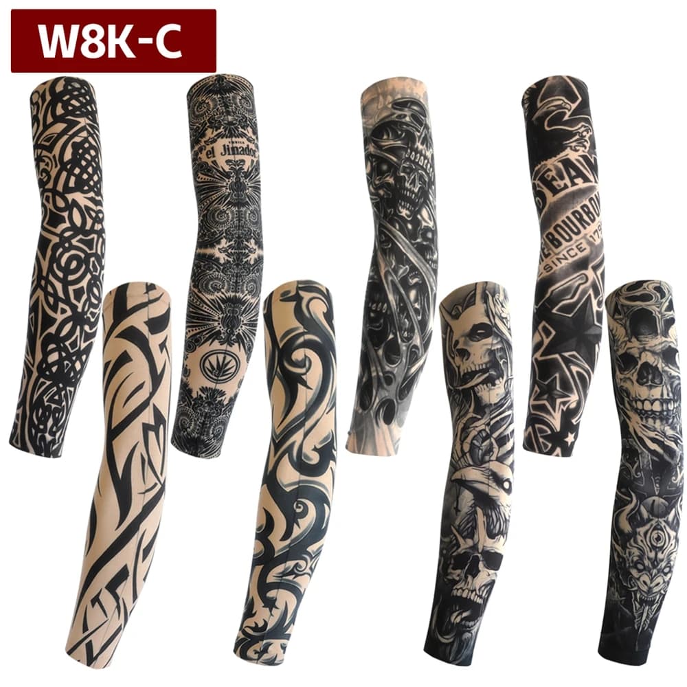 8pcs Men Long Summer Tattoo Sleeves Seamless Armguard Sun Protection Cover Outdoor Gloves Driving Ice Silk Women Arm Sleeves