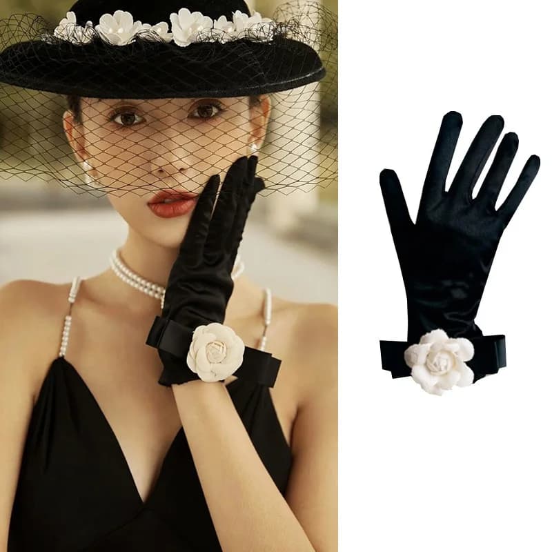 Original Celebrity Camellia Vintage Black Short Satin Hepburn Gloves Stage Banquet Bridal Accessories Modeling Photographic